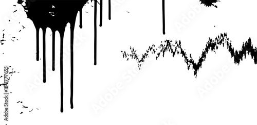 Black paint splatter on white background with drips and smudges