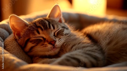 Sleeping tabby kitten curled up in a plush pet bed with warm candlelight