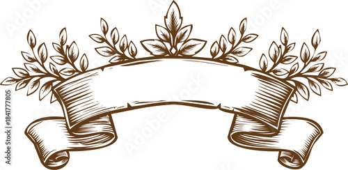 An engraving art style illustration vintage hand drawn wheat and ribbon banner illustration in sepia tone for rustic design elements and awards