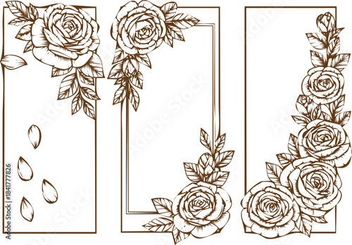 An engraving art style illustration set of three handdrawn rose corner decorations and frames in vintage sketch style for wedding invitations or greeting cards