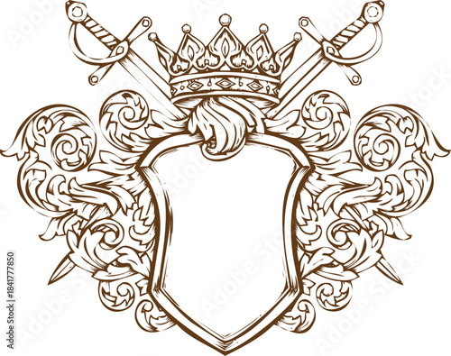 An engraving art style illustration vintage heraldic shield with crown, crossed swords, and ornate scrollwork, engraved style emblem for coat of arms or royal insignia