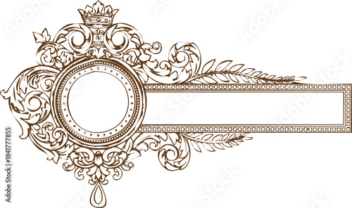 An engraving art style illustration ornate vintage royal emblem with crown and decorative scrollwork banner for monogram or label design