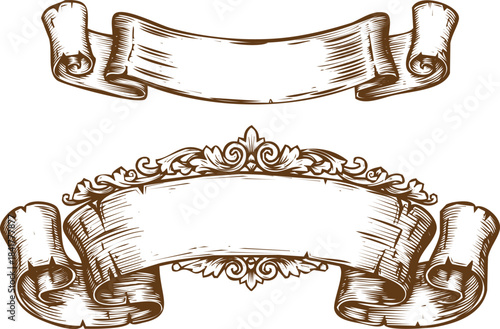 An engraving art style illustration set of two vintage engraved banners and ribbons for text or logo design, hand drawn scroll elements