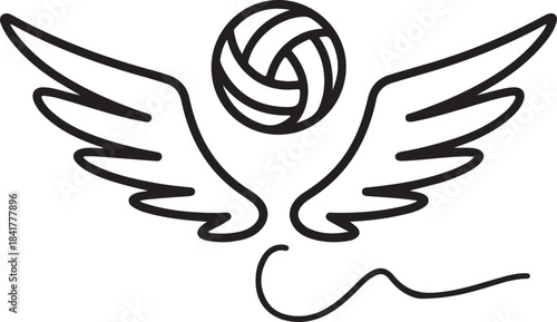 Continuous line illustration of a volleyball with wings icon in elegant minimal artistic outline drawing
