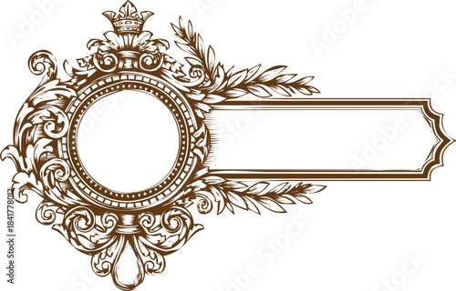 An engraving art style illustration elegant gold ornate frame with circle and rectangle design elements