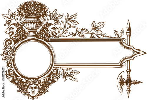 An engraving art style illustration elegant gold ornate frame with floral design