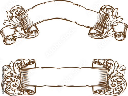 An engraving art style illustration two ornate gold cabinet handles with scrollwork on