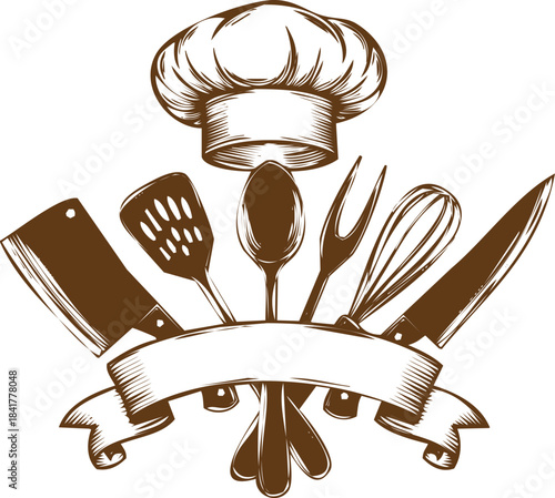 An engraving art style illustration brown illustration of chef hat and kitchen utensils on