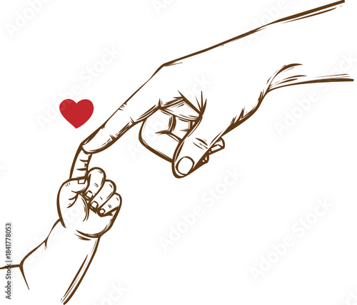 An engraving art style illustration a brown line drawing of two hands holding index fingers with a red heart