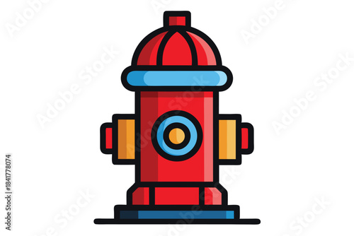 A red fire hydrant with blue and yellow accents stands ready for emergencies