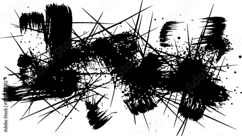Black ink splashes and brush strokes on white background