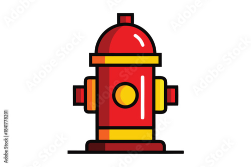 A vibrant red fire hydrant features yellow accents and bold black outlines over white