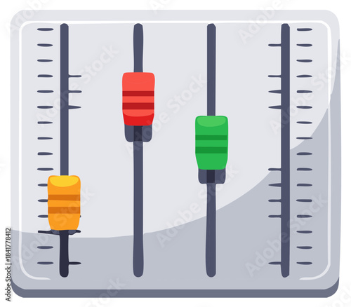 Cartoon illustration featuring Audio mixing console with faders for sound balancing