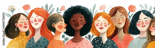 Group of Happy Women Representing Diverse Nationalities Celebrating International Womens Day in a Watercolor Style