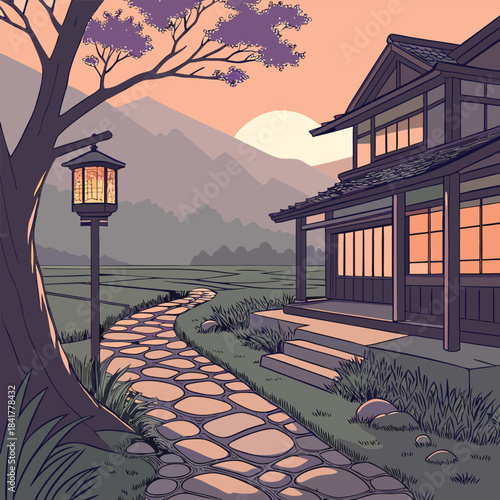 A serene japanese landscape with a traditional house and stone pathway leading to it under a pink sunset sky with mountains in the background
