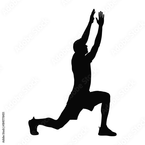 A black silhouette of a person performing a high lunge exercise with arms raised