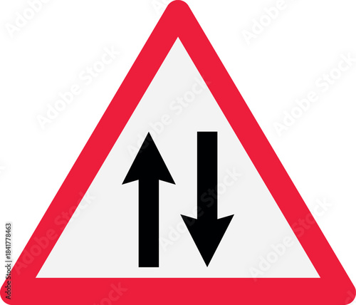 Two way traffic sign warning symbol for road safety and traffic control isolated on white background