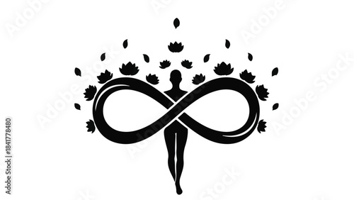 Yoga meditation wellness concept with infinity symbol and lotus flowers, spiritual and peaceful illustration for mindfulness and inner balance