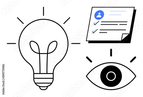 Lightbulb symbolizing innovation, checklist for task management, and eye representing vision. Ideal for creativity, strategy, planning, analysis, insight innovation productivity. Simple flat