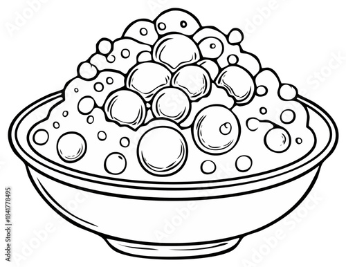 Stylized illustration of a bowl filled with bubbling bath soaps