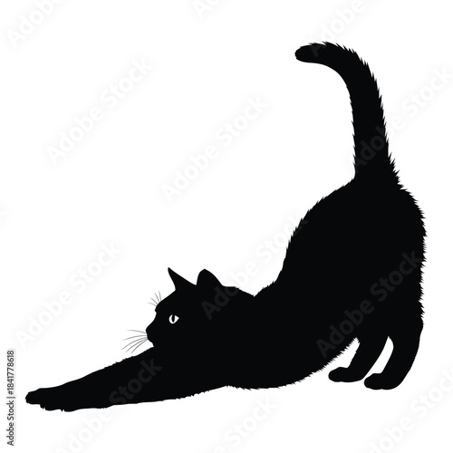 A black cat stretching in a classic silhouette illustration against a plain white background.