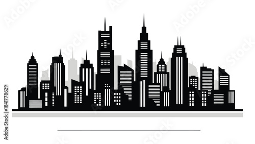 A simple black silhouette of a modern city skyline against a white background featuring skyscrapers