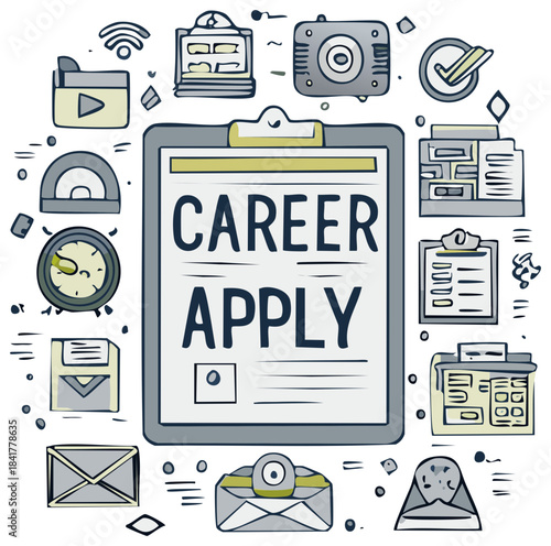 Doodle illustration depicting career application process and job openings with online communication tools around clipboard