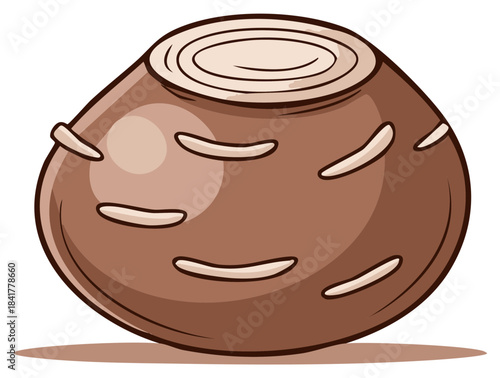 Cartoon depiction of taro root or yam showing its brown exterior skin and cross section in cut portion