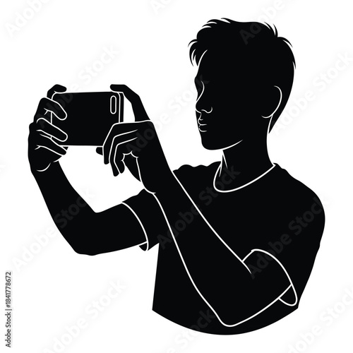 Silhouette illustration of a young man holding a smartphone horizontally to capture a moment