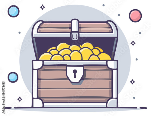 Open wooden treasure chest overflowing with gleaming gold coins in a captivating cartoon illustration