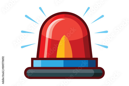 Cartoon red emergency flasher illuminates and pulses with blue beams against a white background