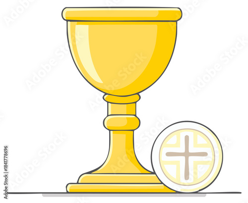 Christian religious golden chalice and communion host with cross symbol vector illustration