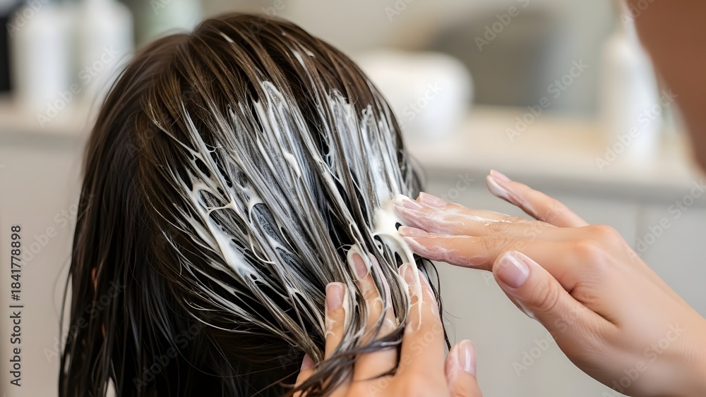 Naklejka premium Woman's hands applying hair mask treatment to her dark, wet hair in a salon