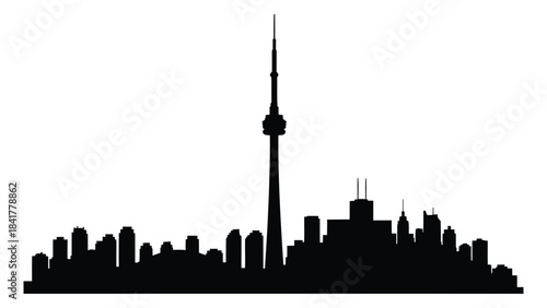 Toronto city skyline silhouette with cn tower against a white background