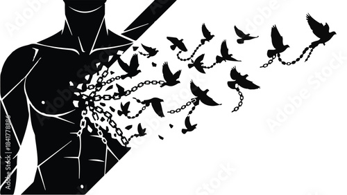 Black silhouette of a person with broken chains and flying birds, symbolizing freedom and liberation in a bold, modern illustration