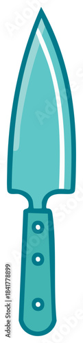 Illustration of a single gardening trowel with a pointed blade, and three rivets in the handle, cartoonish vector drawing