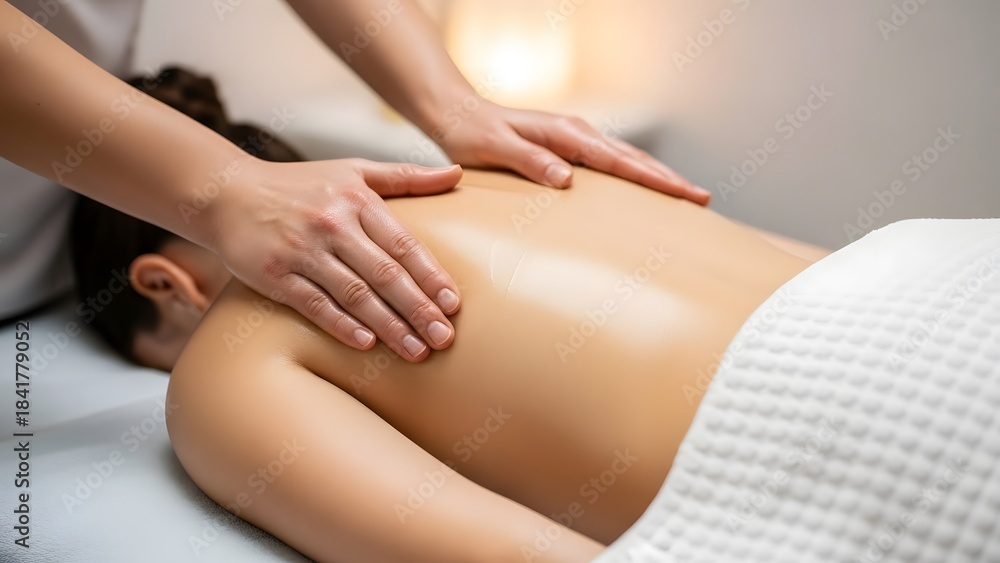 Obraz premium Therapist giving a relaxing back massage to a client lying on a massage table