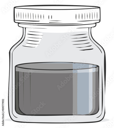 Vintage glass inkwell jar with black ink, a hand-drawn cartoon sketch illustration