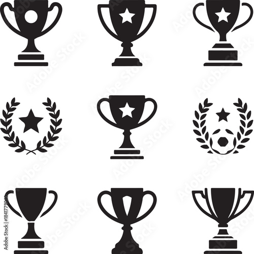Minimalist black and white vector illustration of nine trophy icons arranged in a clean balanced symmetrical grid