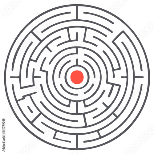 Conceptual circular maze puzzle with a vibrant red center dot representing a challenging goal
