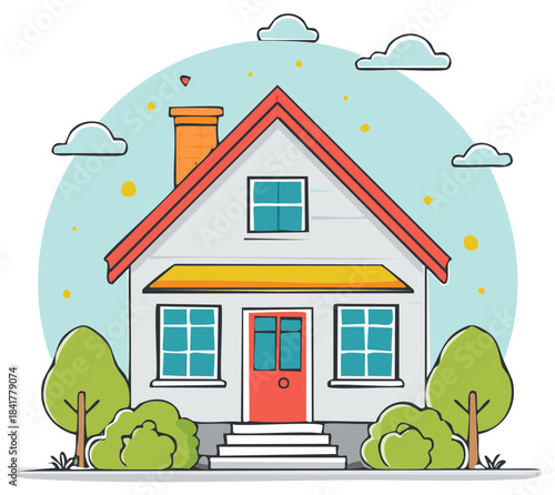 House illustration of two-story suburban dwelling with trees, clouds, lawn, steps, red front door