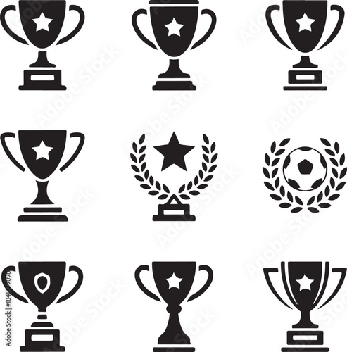 Minimalist black and white vector illustration of nine distinct trophy icons arranged in a balanced grid on a clean white background