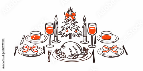 A festive christmas dinner table setting with a tree shaped arrangement