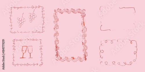 Hand drawn frames with wine grapes glasses and floral embellishments in pink