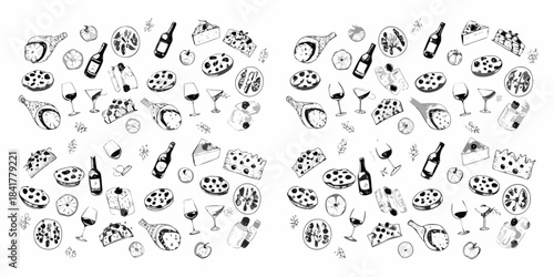 A delightful doodle pattern featuring pizza wine cheese and various food items