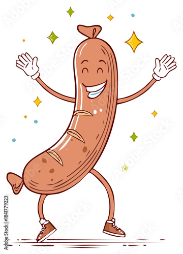 Joyful dancing sausage character with a big smile and sparkles. Cute anthropomorphic food mascot illustration.