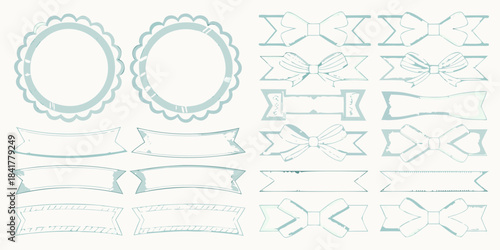 Collection of decorative frames ribbons and bows in a pastel blue hue