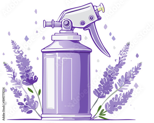 Refreshing lavender mist spray bottle surrounded by blooming lavender flowers and falling petals