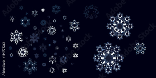 A collection of intricate pixelated snowflakes against a dark navy background