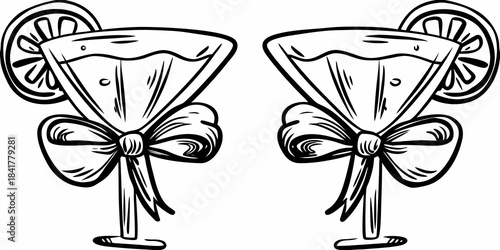 Elegant cocktail glasses with orange slices and bows a vintage illustration
